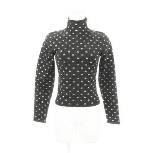 カットソー ニットソー ハイネック 長袖 ラインストーン ロゴ 総柄 S 黒 ブラック /AH12 GY01