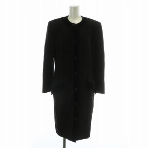 ノーカラーコート アウター ウール ベロア ロング 肩パッド 40 M 黒 ブラック /XZ GY12