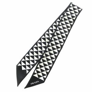 リボンスカーフ 絹 シルク プリントツイル 総柄 ロゴ 85×6 黒 ブラック 白 ホワイト /XZ GY12