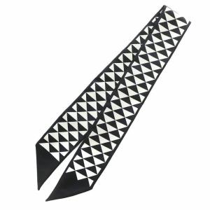 PRADA リボンスカーフ 絹 シルク プリントツイル 総柄 ロゴ 85×6 黒 ブラック 白 ホワイト /XZ GY12