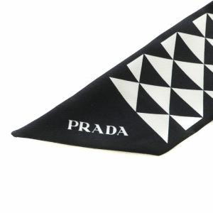 PRADA リボンスカーフ 絹 シルク プリントツイル 総柄 ロゴ 85×6 黒 ブラック 白 ホワイト /XZ GY12
