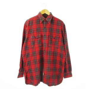 90s 初期 三ツ星タグ フランネル シャツ ネルシャツ 厚手 コットン 長袖 チェック 総柄 M 赤