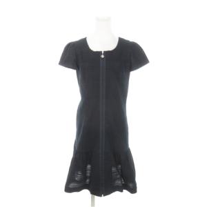 ワンピース ミニ 半袖 フロントジップ ストレッチ フレア切り替え スカラップライン 38 M 紺 ネイビー