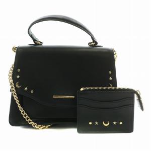 ハンドバッグ ショルダー 2WAY レザー 月 星 スター スタッズ ロゴ ゴールド金具 ポーチ付き 黒