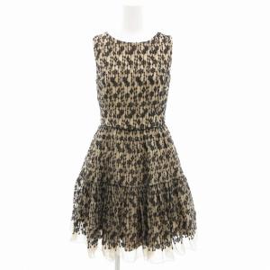 ノースリーブワンピース フレア ギャザー ひざ丈 刺繍 絹 シルク 38 ベージュ 黒 ブラック /GV