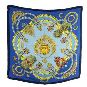 カレ90 KOSMIMA 宇宙 スカーフ 絹 シルク 総柄 ロゴ 青 ブルー /XZ GY19