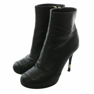 ショートブーツ レザー ラウンドトゥ ハイヒール パール ココマーク 35.5 22.5cm 黒 ブラック