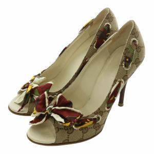 パンプス GGキャンバス オープントゥ ハイヒール リボンスカーフ 36.5 23.5cm 茶色 ブラウン