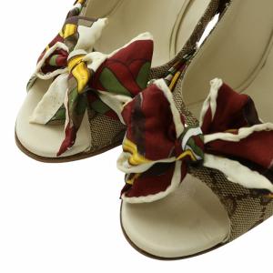 GUCCI パンプス GGキャンバス オープントゥ ハイヒール リボンスカーフ 36.5 23.5cm 茶色 ブラウン