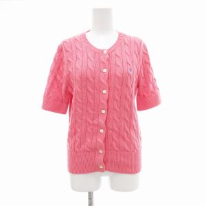 サマーニット カーディガン ホースロゴ刺繍 半袖 ケーブル編み M ピンク /JS GY19