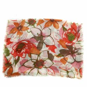 ストール カシミヤ シルク混 花柄 ピンク レッド