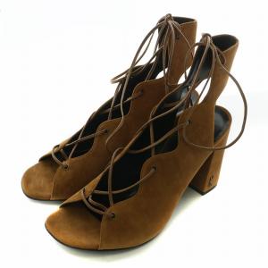 サンダル スエード オープントゥ チャンキーヒール レースアップ ロゴ 38.5 25.5cm 茶色 ブラウン