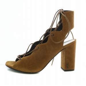 SAINT LAURENT PARIS サンダル スエード オープントゥ チャンキーヒール レースアップ ロゴ 38.5 25.5cm 茶色 ブラウン