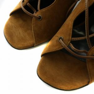 SAINT LAURENT PARIS サンダル スエード オープントゥ チャンキーヒール レースアップ ロゴ 38.5 25.5cm 茶色 ブラウン