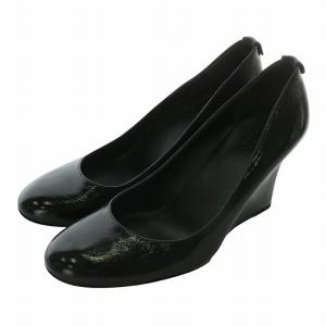 パンプス エナメル ラウンドトゥ ウェッジソール インターロッキング シルバー金具 38 25cm 黒