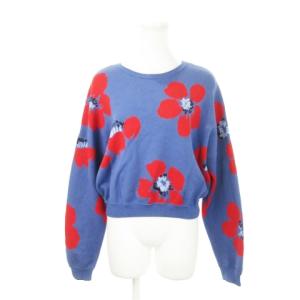 ニット セーター ラウンドネック 長袖 インターシャ 花柄 総柄 M 青 ブルー 赤 レッド /AH6