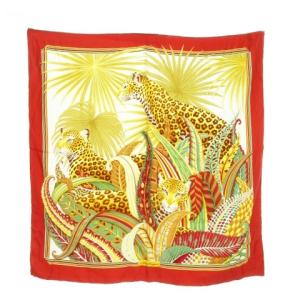 スカーフ シルク 絹 大判 スクエア アニマル サバンナ ヒョウ柄 レオパード 総柄 赤 レッド /AH14