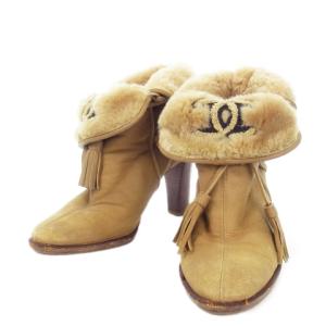 ムートン レザー ショートブーツ ココマーク タッセル リボン 36C ブラウン