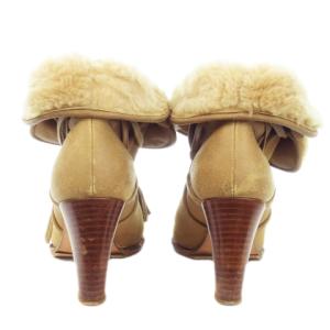 CHANEL ムートン レザー ショートブーツ ココマーク タッセル リボン 36C ブラウン