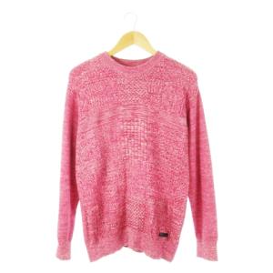 コットンニット セーター クルーネック 丸首 長袖 切替編み ミックス L ピンク /CK1 GY19