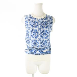 シルクカットソー ラウンドネック ノースリーブ 絹 切替 花柄 ロゴ ハンガー付き 40 S 白 ホワイト