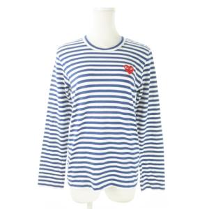 長袖Tシャツ カットソー ロンT クルーネック レッドハート ボーダー 総柄 L 青 ブルー /AO21