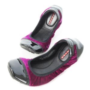 バレエシューズ レザー 革 エナメル 切替 ベロア ロゴ型押し 37 24.0cm 紫 パープル 3F4358