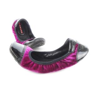 PRADA バレエシューズ レザー 革 エナメル 切替 ベロア ロゴ型押し 37 24.0cm 紫 パープル 3F4358