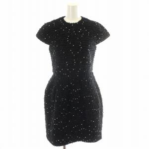 ラメドットボーダーコクーンワンピース ロング 半袖 ツイード 総裏地 日本製 38 M 黒 ブラック 白