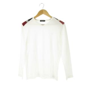 Tシャツ カットソー ロンT Vネック 長袖 切替 ワンポイント チェック 2 M 白 ホワイト /CK20