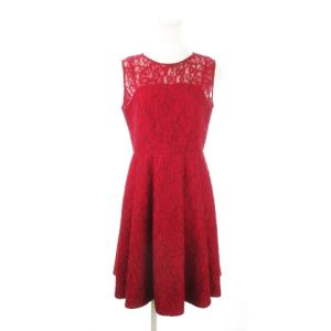 コードレース フレア ワンピース ひざ丈 総レース ノースリーブ タック 切替 花柄 38 M 赤 レッド