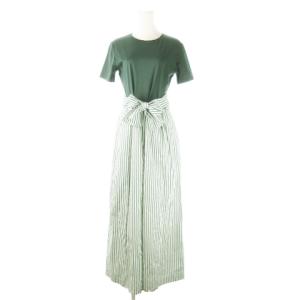 オールインワン コンビネゾン 半袖 パンツ ワイド 切替 ストライプ リボン S 緑 グリーン /AO6