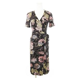 シルクワンピース カシュクール ひざ丈 半袖 ストレッチ リボン 花柄 総柄 絹 38 M 黒 ブラック