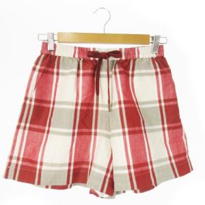 ショートパンツ イージー 麻 リネン チェック 総柄 ドロスト 36 S 赤 レッド /AO22 GY43