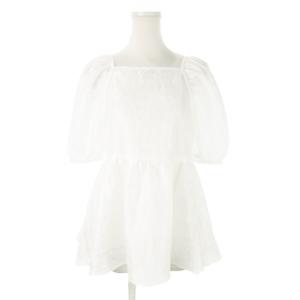 フクレジャガードブラウス スクエアネック 半袖 ペプラム 光沢感 2 M 白 ホワイト 2213-34005