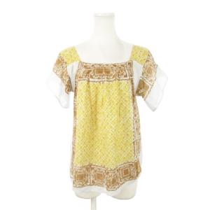 半袖ブラウス スクエアネック シアー 透け感 コットン 総柄 小さいサイズ 0 XS 黄 イエロー 茶