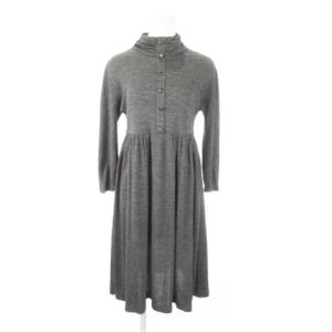 ワンピース ひざ丈 ミモレ ハイネック 長袖 ウール ストレッチ ハーフボタンデザイン 7 グレー /AH5