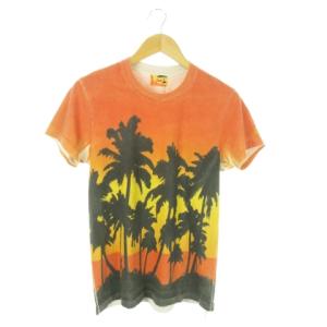 半袖Tシャツ クルーネック コットン プリント ヤシの木 サンセット M オレンジ /AO23 GY03