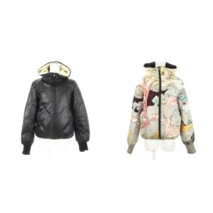 ダウンジャケット リバーシブル フード アニマル イラスト 総柄 2 M 黒 ブラック アイボリー /AH14