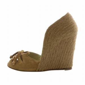 Christian Louboutin サンダル スエード エスパドリーユ オープントゥ ウェッジソール リボン 37 24cm 茶色 ブラウン
