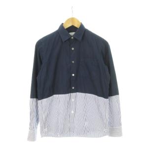 長袖シャツ レギュラーカラー 切り替え ストライプ ロゴ刺繍 プリント 1 S 紺 ネイビー /AH16