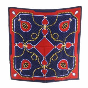 スカーフ 絹 シルク チェーン 総柄 ロゴ 赤 レッド 紺 ネイビー /XZ GY03