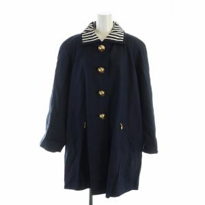 ヴィンテージ ステンカラーコート 金ボタン ロング 長袖 シングル 肩パッド入り 絹 シルク 9 M 紺
