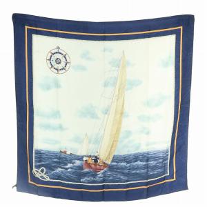 RALPH LAUREN ヴィンテージ スカーフ 絹 シルク 大判 ヨット 総柄 ロゴ 紺 ネイビー /XZ GY19