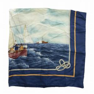 RALPH LAUREN ヴィンテージ スカーフ 絹 シルク 大判 ヨット 総柄 ロゴ 紺 ネイビー /XZ GY19