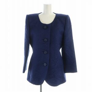 ヴィンテージ ノーカラージャケット 総柄 シングル 長袖 総裏地 肩パッド入り 9 M 紺 ネイビー GY19