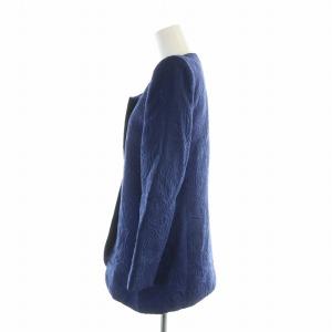 YVES SAINT LAURENT ヴィンテージ ノーカラージャケット 総柄 シングル 長袖 総裏地 肩パッド入り 9 M 紺 ネイビー GY19