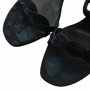 LOUIS VUITTON サンダル パンプス サテン レザー オープントゥ ハイヒール モノグラム 37 24cm 黒 ブラック