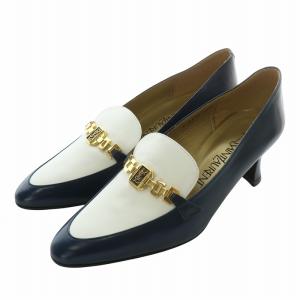 ヴィンテージ パンプス レザー ポインテッドトゥ チャンキーヒール ロゴ ゴールド金具 35.5 22.5cm