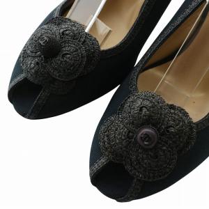 CHANEL サンダル キャンバス オープントゥ ハイヒール カメリア ストラップ 40 25cm 紺 ネイビー /XZ